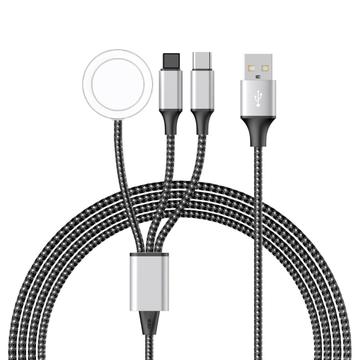 Kabel do ładowania w oplocie 3 w 1 - Type-C, Lightning, Apple Watch - 1.2m