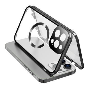 Kompatybilny z etui MagSafe do iPhone\'a 15 Pro Magnetyczna metalowa ramka + dwustronna osłona telefonu ze szkła hartowanego z zamkiem klamrowym - czarny