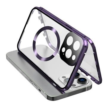 Kompatybilny z etui MagSafe do iPhone\'a 15 Pro Magnetyczna metalowa ramka + dwustronna osłona telefonu ze szkła hartowanego z zamkiem klamrowym - fioletowy