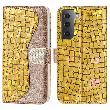 Samsung Galaxy S21 FE 5G Etui z Portfelem z Serii Croco Bling - Złoto