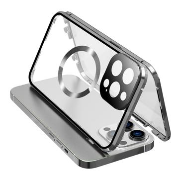 Dwustronne szkło hartowane + magnetyczna metalowa ramka chroniąca przed upadkiem dla iPhone\'a 15 kompatybilnego z pokrowcem na telefon MagSafe z zamkiem klamrowym - srebrny