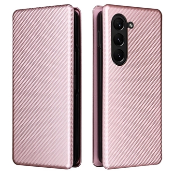 Samsung Galaxy Z Fold5 Etui z Klapką - Włókno Węglowe - Różowe Złoto