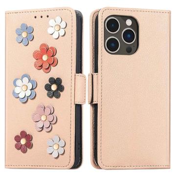 iPhone 14 Pro Etui-Portfel z Serii Flower Decor - Beż