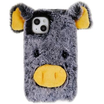 iPhone 14 Plus Etui Hybrydowe Fluffy Plush - Szary Świnia