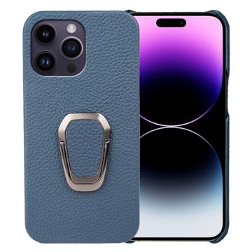 iPhone 14 Pro Max Pokryte Skórą Etui z Uchwytem Ring - Niebieska