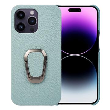 iPhone 14 Pro Max Pokryte Skórą Etui z Uchwytem Ring - Cyan