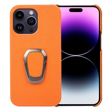 iPhone 14 Pro Max Pokryte Skórą Etui z Uchwytem Ring - Żółty