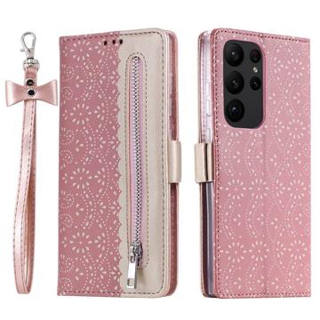 Etui z Portfelem Lace Pattern do Samsung Galaxy S23 Ultra 5G - Różowe złoto