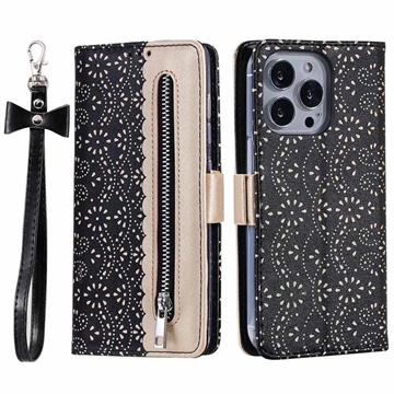 iPhone 16 Pro Max Etui z portfelem Lace Pattern - Czarne