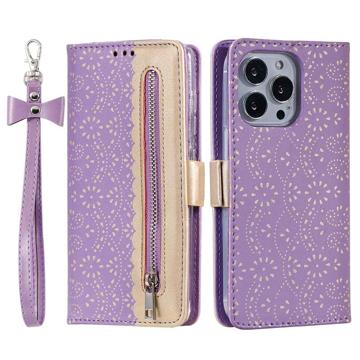 Etui z Portfelem Lace Pattern do iPhone 14 Pro Max - Fiolet