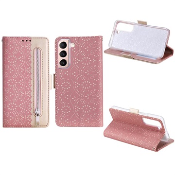 Etui z Portfelem Lace Pattern do Samsung Galaxy S22 5G - Róż