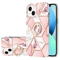 Etui TPU Marble Pattern IMD do iPhone'a 15 z Uchwytem na Pierścionek - Róż / Biel