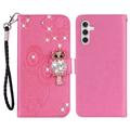 Samsung Galaxy A15 Owl Rhinestone Wallet Case - Ciemny Róż