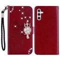 Samsung Galaxy A15 Owl Rhinestone Wallet Case - czerwony