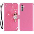 Samsung Galaxy A35 Owl Rhinestone Wallet Case - Ciemny Róż