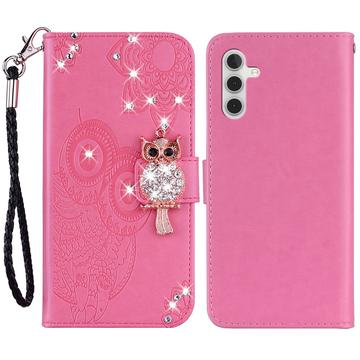 Samsung Galaxy A35 Owl Rhinestone Wallet Case - Ciemny Róż