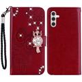 Samsung Galaxy A35 Owl Rhinestone Wallet Case - czerwony