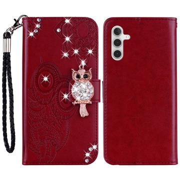 Samsung Galaxy A54 5G Owl Rhinestone Wallet Case - czerwony