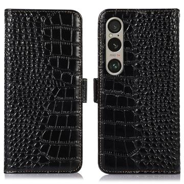 Sony Xperia 1 VI Skórzane Etui z Portfelem Crocodile z RFID - Czarne