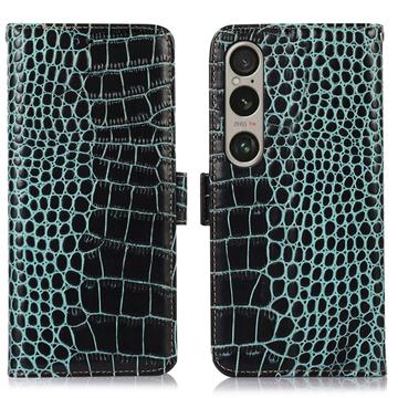 Sony Xperia 1 VI Skórzane Etui z Portfelem Crocodile z RFID - Zieleń