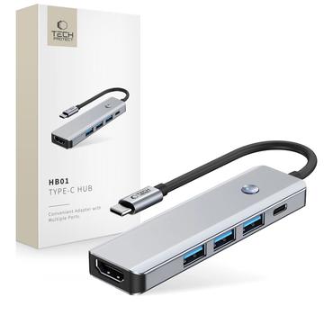 Adapter Tech-Protect HB01 5-w-1 USB-C Hub z USB 3.0, HDMI 4K 60Hz i 100W PD - kosmiczna szarość