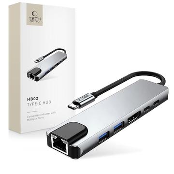 Tech-Protect HB02 6-w-1 USB-C Hub Adapter z USB 2.0, USB 3.0, HDMI 4K 30Hz, RJ45 Ethernet i USB-C 100W PD - kosmiczna szarość