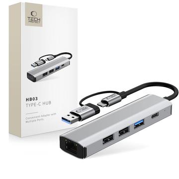 Adapter koncentrator USB-C Tech-Protect HB03 5 w 1 z USB 2.0, USB 3.0, RJ45 Ethernet i Type-C - gwiezdna szarość