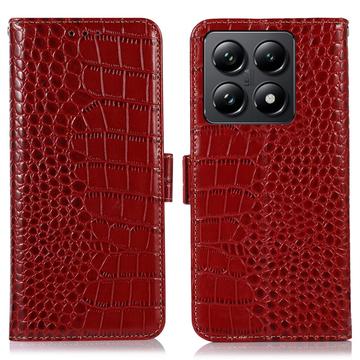 Xiaomi 14T Pro Skórzane Etui z Portfelem Crocodile z RFID - Czerwień