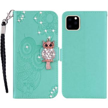 iPhone 14 Pro Owl Rhinestone Wallet Case - Cyan