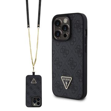 iPhone 15 Pro Guess 4G Strass Triangle Metal Logo Etui z Crossbody Ramię - Czarne