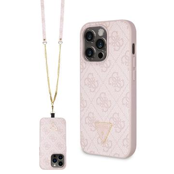 iPhone 15 Pro Guess 4G Strass Triangle Metal Logo Etui z Crossbody Ramię - Róż