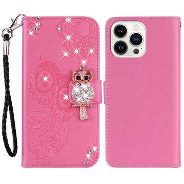 iPhone 15 Pro Max Owl Rhinestone Wallet Case - Ciemny Róż