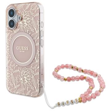 Etui z perłowym paskiem iPhone 16 Guess IML Flowers Allover Electro - kompatybilny z MagSafe