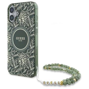 iPhone 16 Plus Guess IML Flowers Allover Electro Etui z perłowym paskiem - kompatybilny z MagSafe