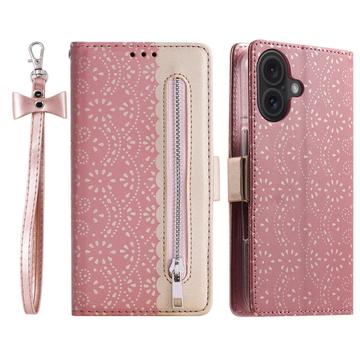 iPhone 16 Plus Etui z portfelem Lace Pattern - Różowe Złoto