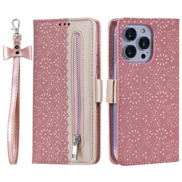 iPhone 16 Pro Max Etui z portfelem Lace Pattern - Różowe Złoto