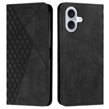 iPhone 16 Rhombus Pattern Wallet Case z magnetycznym zamknięciem - czarny