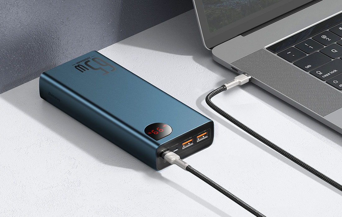 Baseus Adaman Metal Digital Display Quick Charge Power Bank 20000mAh/65W - 2xUSB-A, USB-C - Niebieski